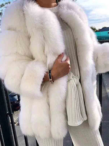 Airchics mi-longue manteau en fausse fourrure unicolore col rond manches longues femme casual hiver